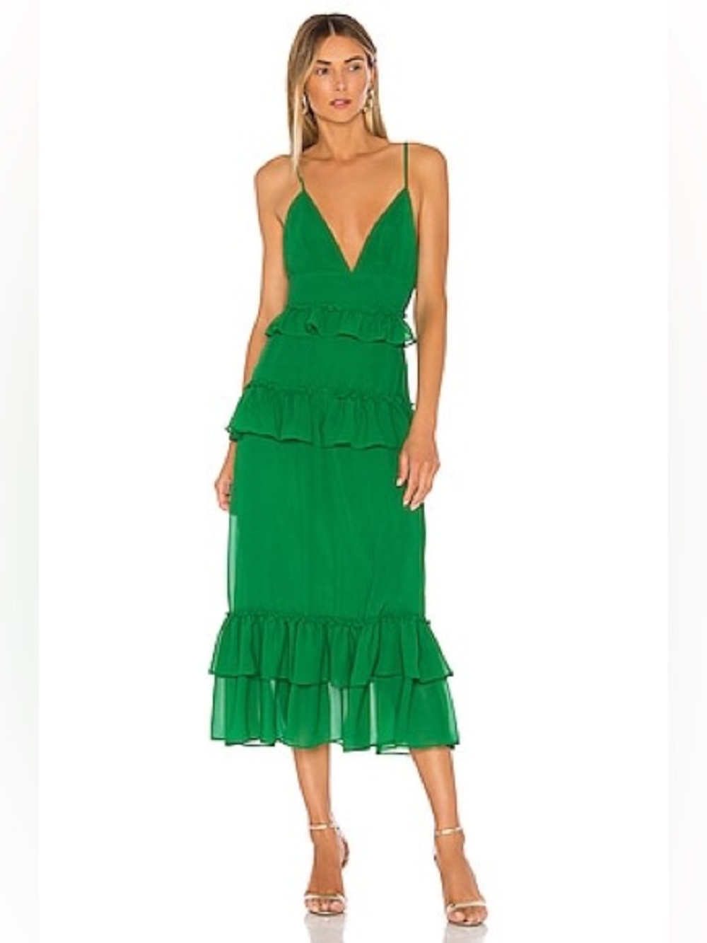 Lovers + Friends Emerald Green Ruffle Midi Dress